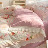 Cifeeo-2025 Spring Bedding Set Ins Korean Style Duvet Cover Set Princess Floral Ruffles Fitted Flat Sheet Pillowcases Girls Single Double Size Bed Linen