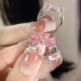 Cifeeo-Vintage Jewelry Y2K Style Pink Crystal Irregular Heart Ring for Women Creative Blue Opal Heart Open Ring Shiny Geometric Zircon Ring Vintage Y2K Jewely