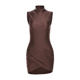 Cifeeo-work holiday party outfit Style 2025 Women's Elegant Slim-Fit Turtleneck Solid Color Pleated Bag Hip Dress Women