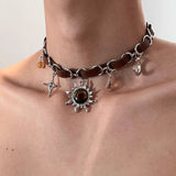 Cifeeo-Vintage Jewelry Y2K Style 2024 New Tiger's-Eye Necklace Vintage Punk Sun Star Moon Leather Trendy INS Pendant Choker for Women Jewelry