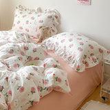 Cifeeo-2025 Spring Bedding Set Cute Floral Duvet Cover Set Ins Korean Style with Flat Sheet Pillowcase No filler Washed Cotton Queen Double Home Bed Linens