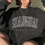 Cifeeo-Black Retro Shanghai Logo Print Oversized Sweatshirt