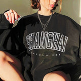 Cifeeo-Black Retro Shanghai Logo Print Oversized Sweatshirt