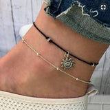 CIFEEO-European And American Bohemian Double Layer Ancient Silver Alloy Sun Pendant Anklet Seaside Vacation Retro Beads Beach Anklet