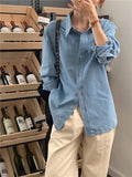 Cifeeo-Casual Outfits Women Blouse Female Shirt Summer Womens Blouses Spring Maxi Blusas Casual Cowboy Vintage Long Sleeve Denim Oversize Loose Blue