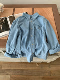 Cifeeo-Casual Outfits Women Blouse Female Shirt Summer Womens Blouses Spring Maxi Blusas Casual Cowboy Vintage Long Sleeve Denim Oversize Loose Blue