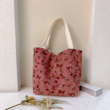 Cifeeo-Floral Pattern Corduroy Handbag, Portable Lunch Bag For Outdoor, Snap Button Satchel Purse