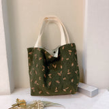 Cifeeo-Floral Pattern Corduroy Handbag, Portable Lunch Bag For Outdoor, Snap Button Satchel Purse