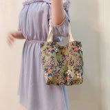 Cifeeo-Floral Pattern Corduroy Handbag, Portable Lunch Bag For Outdoor, Snap Button Satchel Purse