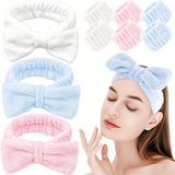 Cifeeo-Solid Color Butterfly End Headband Wristband Set Women's Wash Beauty Makeup Headband Wrist Flannel Hair Accessories Headwear Face Wash Headband Wrist Set Plush Elastic Headband Ladies Accessories Set