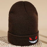 Cifeeo-Anime Devil Embroidered Beanies Solid Color Trendy Knit Hats Lightweight Elastic Skull Cap Warm Ski Hats For Women & Men