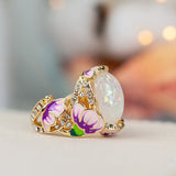 Bohemia Opal Inlay Hollow Epoxy Lotus CZ Stone Ring for Women Party Wedding Anniversary Gift for Wife Girlfriend Love Token