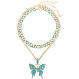 Fashion Bling Rhinestone Big Butterfly Pendant Necklace for Women Pink Blue Crystal Cuban Chain Necklace Rapper Rock Jewelry