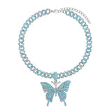Fashion Bling Rhinestone Big Butterfly Pendant Necklace for Women Pink Blue Crystal Cuban Chain Necklace Rapper Rock Jewelry
