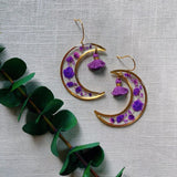 The Golden Purple Wild Flower Crescents with Silk Tassels earrings, Wanderlust Jewelry, Hypoallergenic