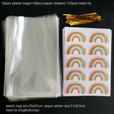 50/100sets Transparent Plastic Bag Bread Candy Lollipop  Packaging Bags Cellophane Treats Bags with Twist Tie Rainbow Stickers