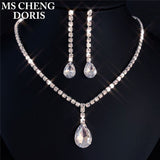 Cifeeo Christmas Gift Water Drop Rhinestone Long Pendant Full Crystal Silver Plated Necklace & Earrings Elegant Bridal Wedding Jewelry Set