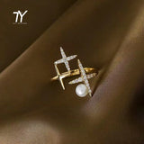 Classic Design Sense Golden Star Shaped Pearl Opening Rings For Woman Korean Fashion Jewelry Wedding Girl's Luxury Accessories