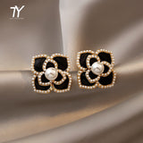 Classic Black Camellia Flower Pearl Stud Earrings For Woman Elegant Korean Fashion Jewelry Wedding Party Girl's Sexy Accessories