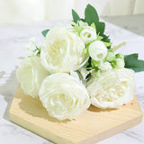 Christmas Gift Best Selling Beautiful Rose Peony Artificial Silk Flowers Small White Bouquet Home Party Winter Wedding Decoration Fake Flowers