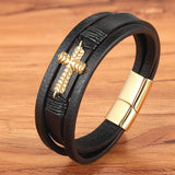 Christmas Gift Cross Style Multi Layer Design Stainless Steel Fashion Men's Leather Bracelet Classic Gift For Men 5 Different Styles Choose