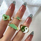 Y2K Style Korean Gold Color Resin Chain Rings Set for Women Fashion Colorful Multilayered Heart Ring Wholesale Jewelry