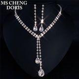 Cifeeo Christmas Gift Water Drop Rhinestone Long Pendant Full Crystal Silver Plated Necklace & Earrings Elegant Bridal Wedding Jewelry Set