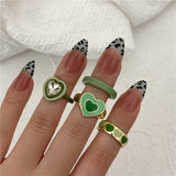 Y2K Style Korean Gold Color Resin Chain Rings Set for Women Fashion Colorful Multilayered Heart Ring Wholesale Jewelry