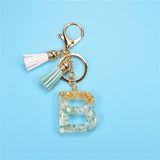 Fashion 26 Letters Resin Keychains for Women Gold Foil Pendant Charms Accessories Tassel Key Rings