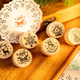 Christmas Gift 6pcs Christmas Wood Rubber Stamps Santa Claus Deer Snowman Craft Round Wooden Stamp for DIY Scrapbooking Xmas Party Decoration