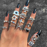 Punk Gothic Heart Ring Set for Women Black Dice Vintage Spades Ace Silver Plated Retro Rhinestone Charm Billiards Finger Jewelry