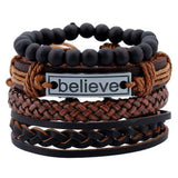 Vintage Wood Beads Bracelet Fashion Hand-knitted Multi-layer Leather Feather Stone Bracelet and Fashion Men's Bracelet Gift