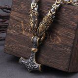 Christmas Gift Never Fade Men stainless steel Wolf head norse viking amulet thor hammer pendant necklace viking king chain