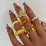 Y2K Style Korean Gold Color Resin Chain Rings Set for Women Fashion Colorful Multilayered Heart Ring Wholesale Jewelry