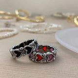 Ciffeo Vintage Love Rings Cold Wind Sweet Fashion Ins Index Finger Ring Hit Colour Love Heart Metal Rings for Women Party Jewelry