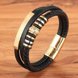 Christmas Gift Fashion Promotion Multi-layer Leather Stainless Steel Metal Luxury Men's Leather Bracelet Accessories For New Year's Gift