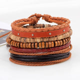 Vintage Wood Beads Bracelet Fashion Hand-knitted Multi-layer Leather Feather Stone Bracelet and Fashion Men's Bracelet Gift