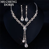 Cifeeo Christmas Gift Water Drop Rhinestone Long Pendant Full Crystal Silver Plated Necklace & Earrings Elegant Bridal Wedding Jewelry Set