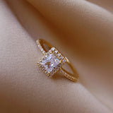 Exquisite Simple Square Zircon Gold Opening Rings For Woman Salary Gothic Jewelry Wedding Party Girls' Luxury Student Ring