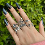 Punk Gothic Heart Ring Set for Women Black Dice Vintage Spades Ace Silver Plated Retro Rhinestone Charm Billiards Finger Jewelry