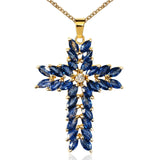 Black Friday Cifeeo  Luxury 2 Row Blue Color Oval Shape Stone Crucifix Pendant Necklace For Women Exquisite Cross Statement Jewelry