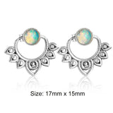 Cifeeo  Indian Tribal Hollow Metal Lotus Opal Stone Stud Earring Boho Jewelry Antique Silver Color Handmade Ear Studs 2Pcs/Set