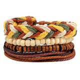 Vintage Wood Beads Bracelet Fashion Hand-knitted Multi-layer Leather Feather Stone Bracelet and Fashion Men's Bracelet Gift