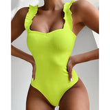 Cifeeo New Female Swimsuit Vintage One Piece Ruffled Push Up Solid Red Swimwear Women Monokini Padded Bathing Suits