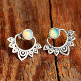 Cifeeo  Indian Tribal Hollow Metal Lotus Opal Stone Stud Earring Boho Jewelry Antique Silver Color Handmade Ear Studs 2Pcs/Set