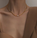 Vintage Stainless Steel Freshwater Pink Pearl Choker Metal Geometry Chain Necklace