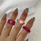 Y2K Style Korean Gold Color Resin Chain Rings Set for Women Fashion Colorful Multilayered Heart Ring Wholesale Jewelry