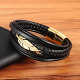 Christmas Gift Multi-layer Leather Feather Shape Accessories Men's Bracelet Stainless Steel Leather Bracelet For Special Birthday Present