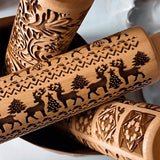 Christmas Pattern Rolling pin Wooden Embossing Biscuit Fondant Baking Tools Reindeer Dough Engraved Roller Trees Socks Bells