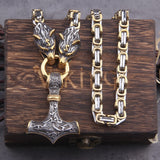 Christmas Gift Never Fade Men stainless steel Wolf head norse viking amulet thor hammer pendant necklace viking king chain